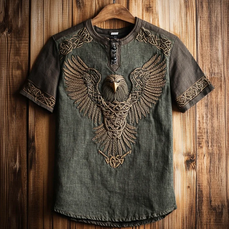 Men's Viking Celtic Eagle Embroidery Art Linen T Shirt