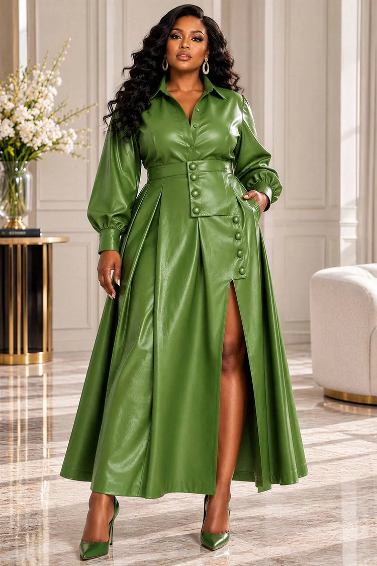Xpluswear Design Plus Size Business Casual Sage Green Shirt Collar Long Sleeve Button Split PU Leather Two Piece Skirt Sets [Pre-Order] 2024 - Xpluswear