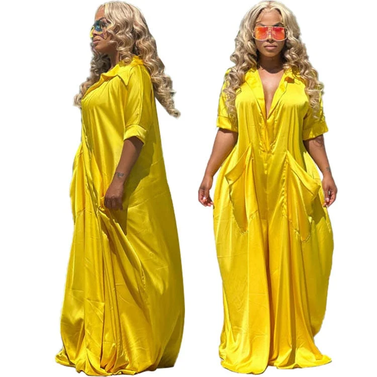 CM.YAYA Women Solid Short Sleeve Turn-down Neck Loose Wide Leg Straight Jumpsuit Vintage Streetwear 2022 Overall Outfits