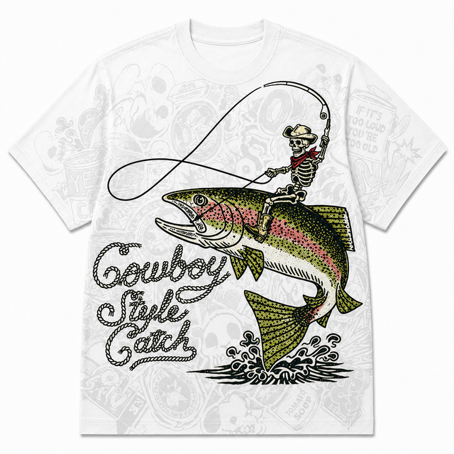 Surf Cowboy Catch Cotton T-Shirt - White / Green / Black