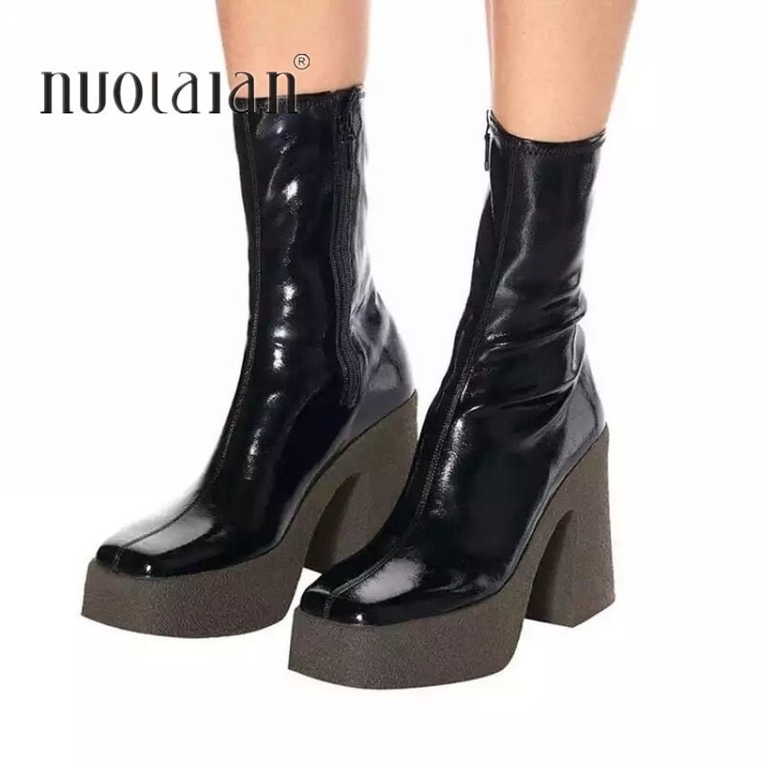 NEW 2020 autumn winter brand elastic leather shoes for women ankle boots sexy high heels balck brown female platform boots