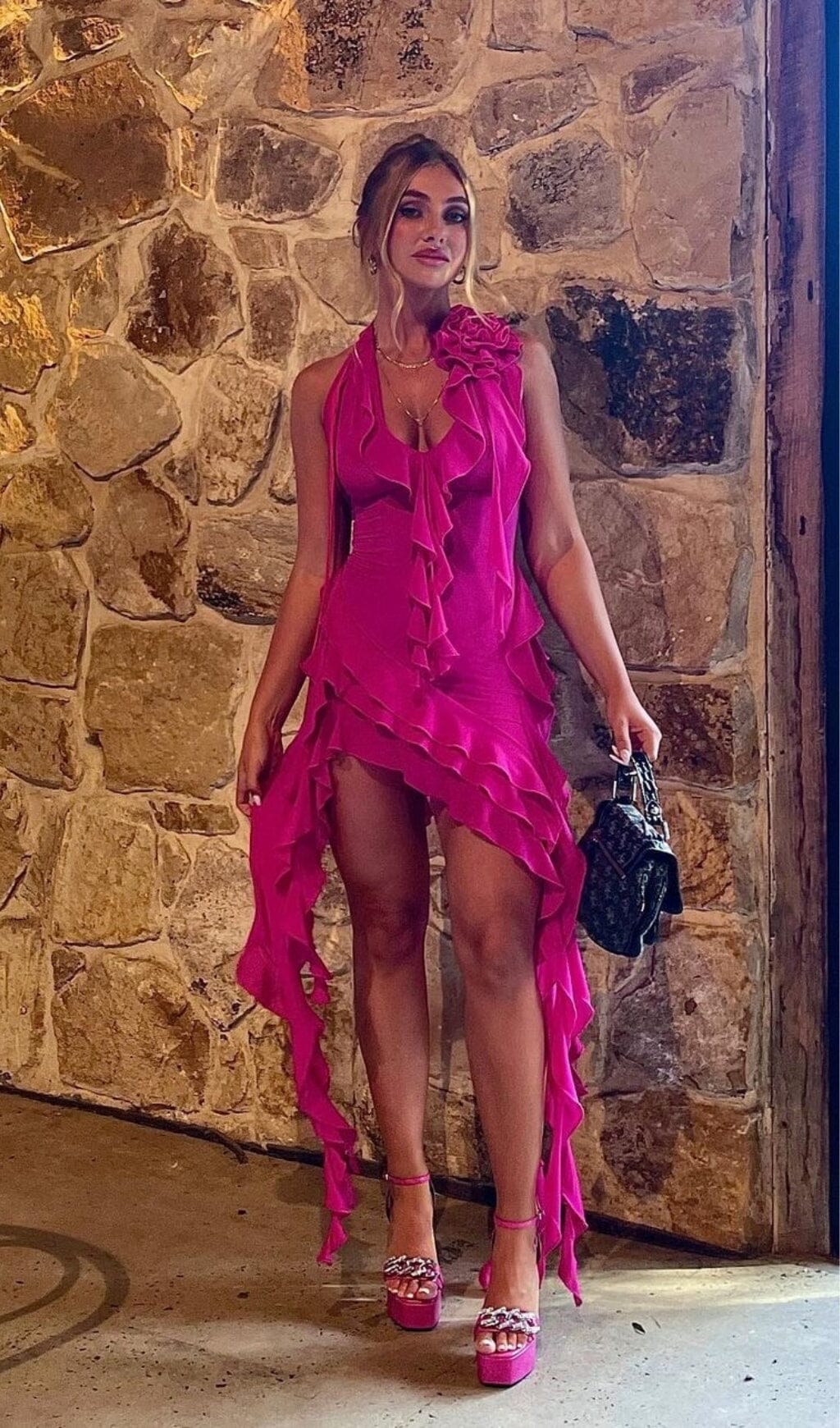 Plunging Neckline Ruffle Dress In Pink