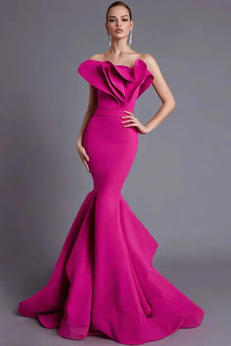 Strapless Ruffled Bodice Mermaid Maxi Dress-Fuchsia [Custom-Made]