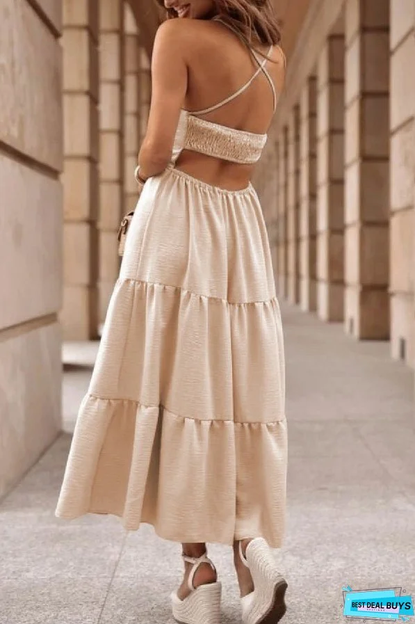 Oatmeal Crossover Backless Bodice Tiered Maxi Dress