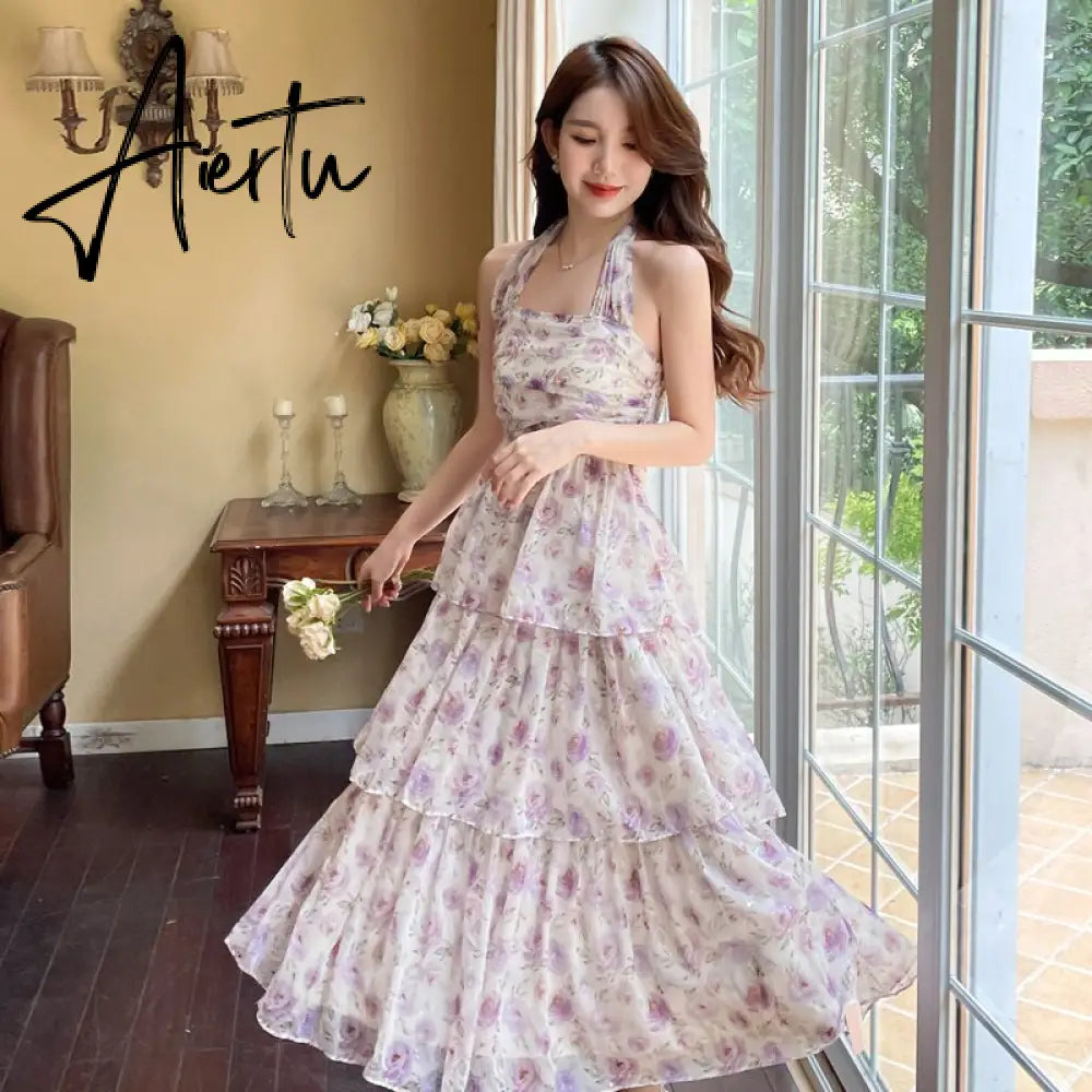 Summer Women Floral Print Long Dress Backless Sleeveless Sexy Slit Beach Sundresses Bohemian Elegant Wedding Guest Party Dress Aiertu