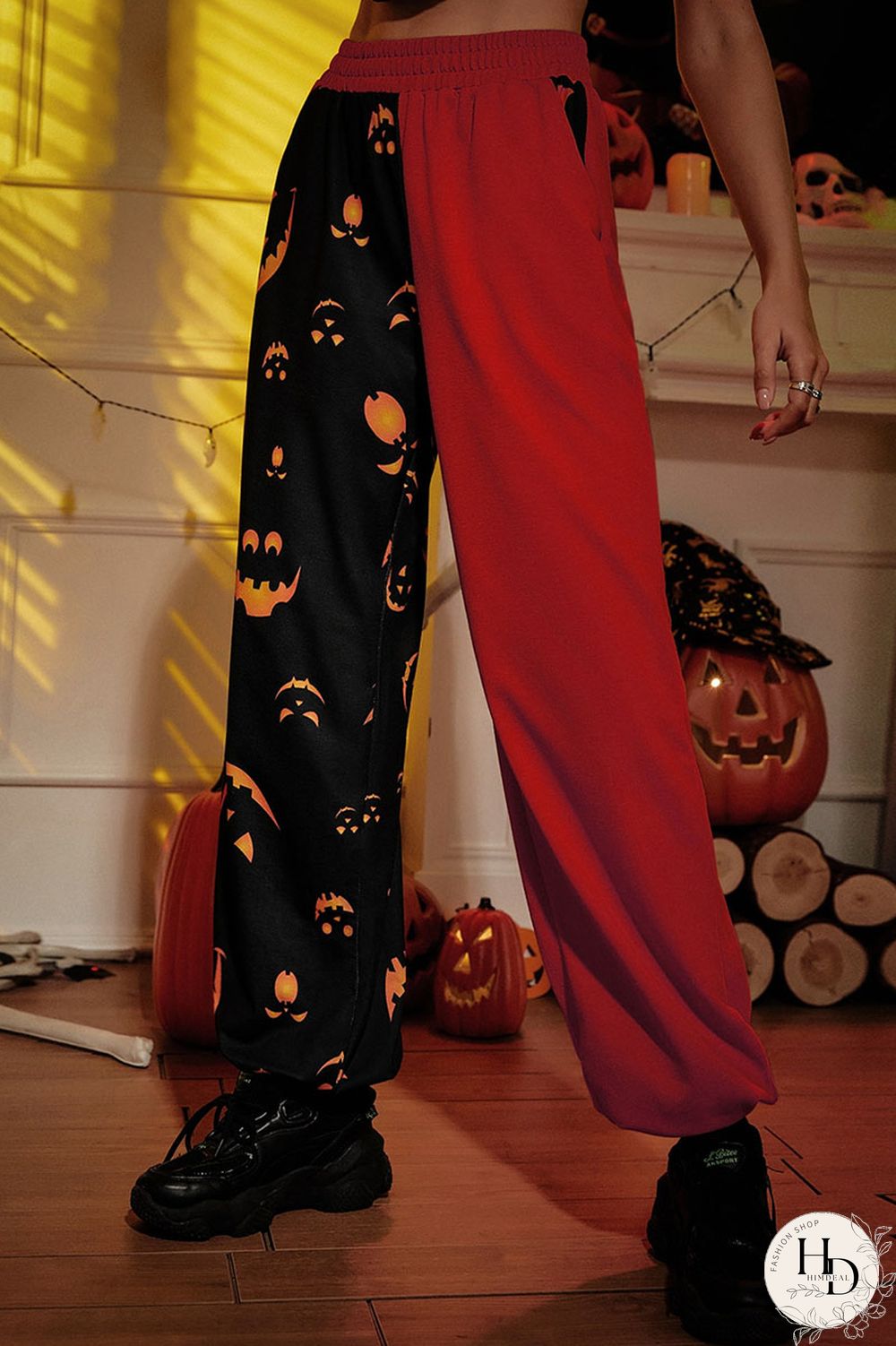 Red Street Print Split Joint Straight High Waist Straight Positioning Print Bottoms