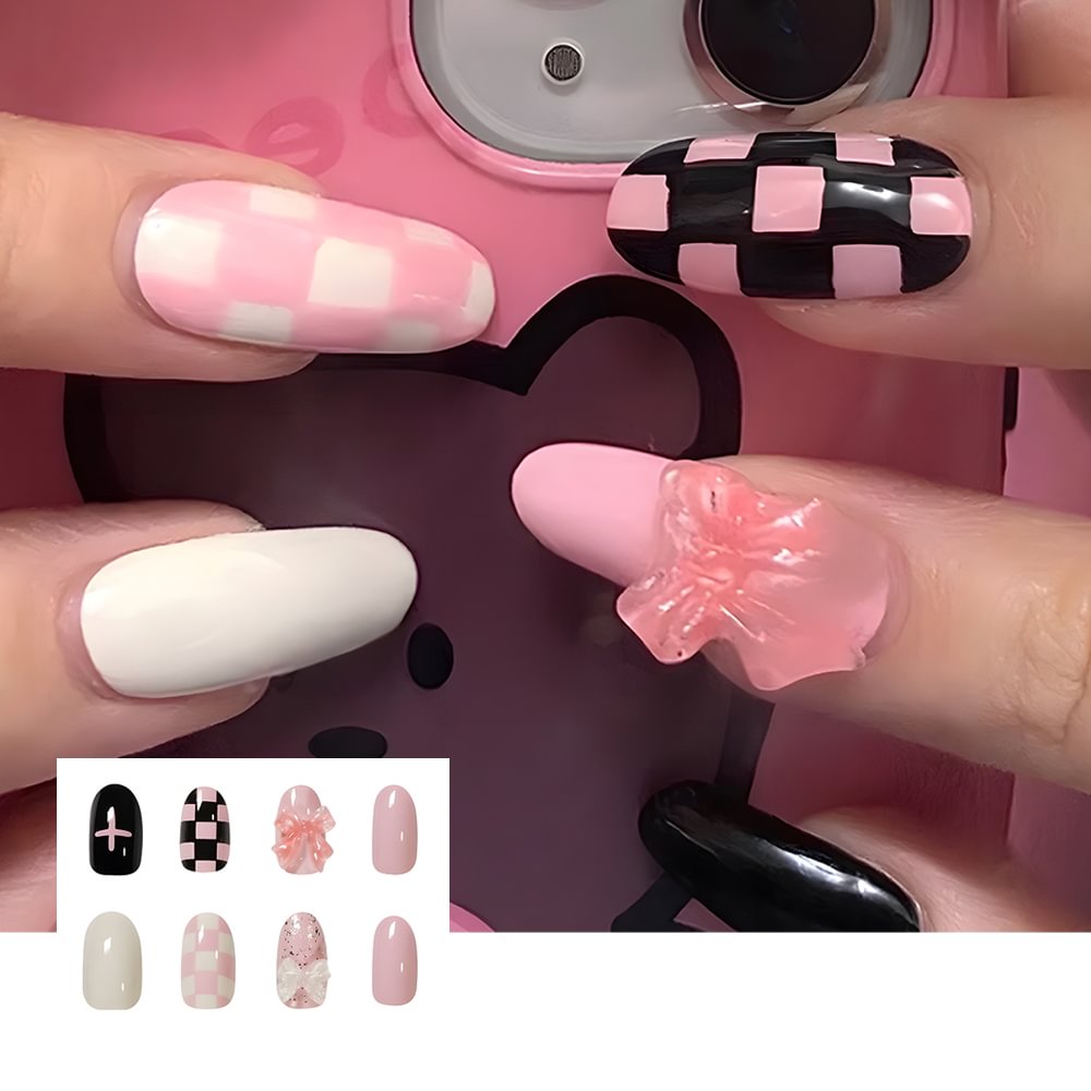 Shecustoms™ 24 Pcs Pink & Black Checkerboard Richly Patterned Press On Nails Almond Long Fake Nail
