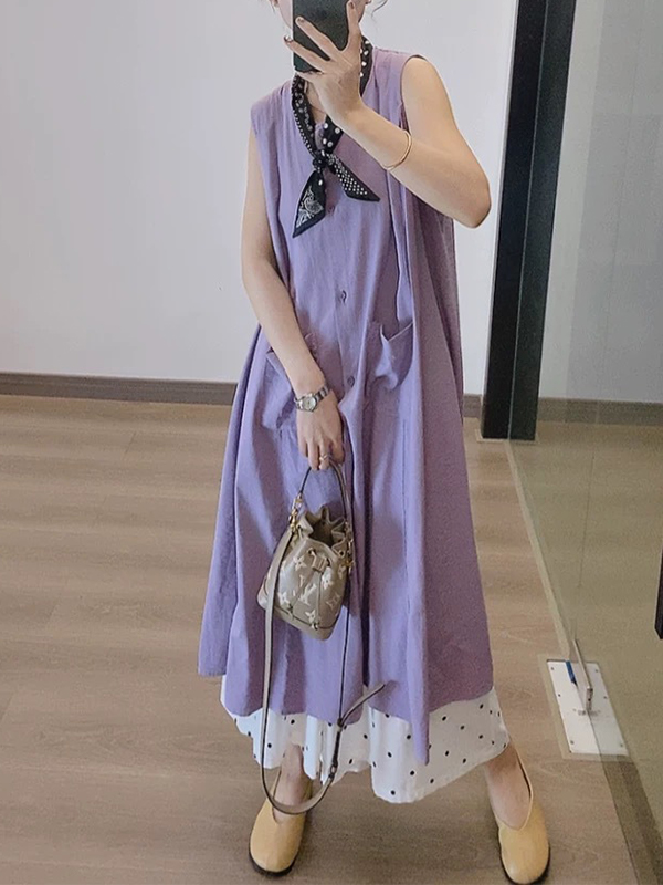 Sleeveless Button Midi Dress And Polka Dot Wide Leg Pants Set