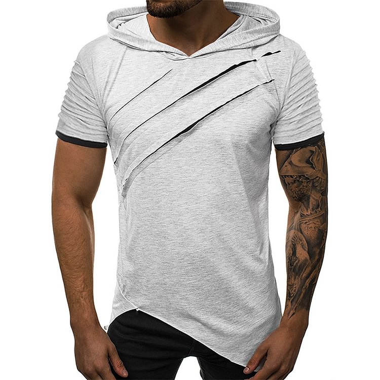 Casual Color Block Hooded Pleated Short Sleeve Men's T-shirt