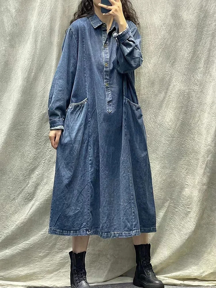 Women Spring Retro Pocket Button Loose Denim Dress