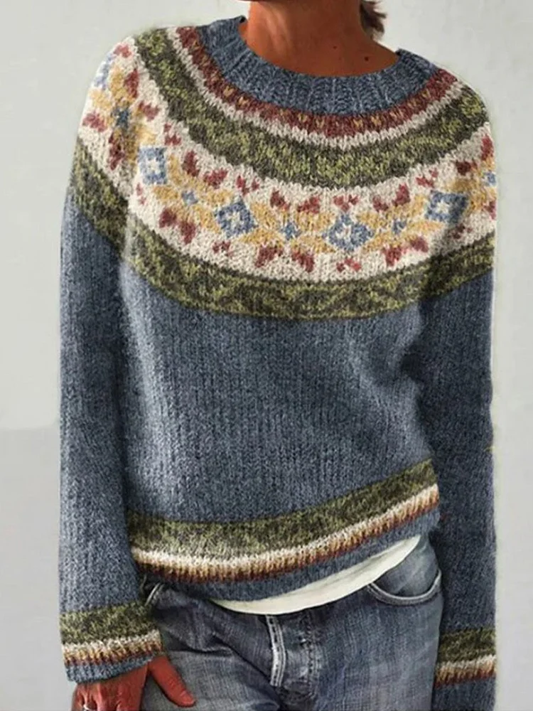 Retro Art Print Casual Pullover Sweater