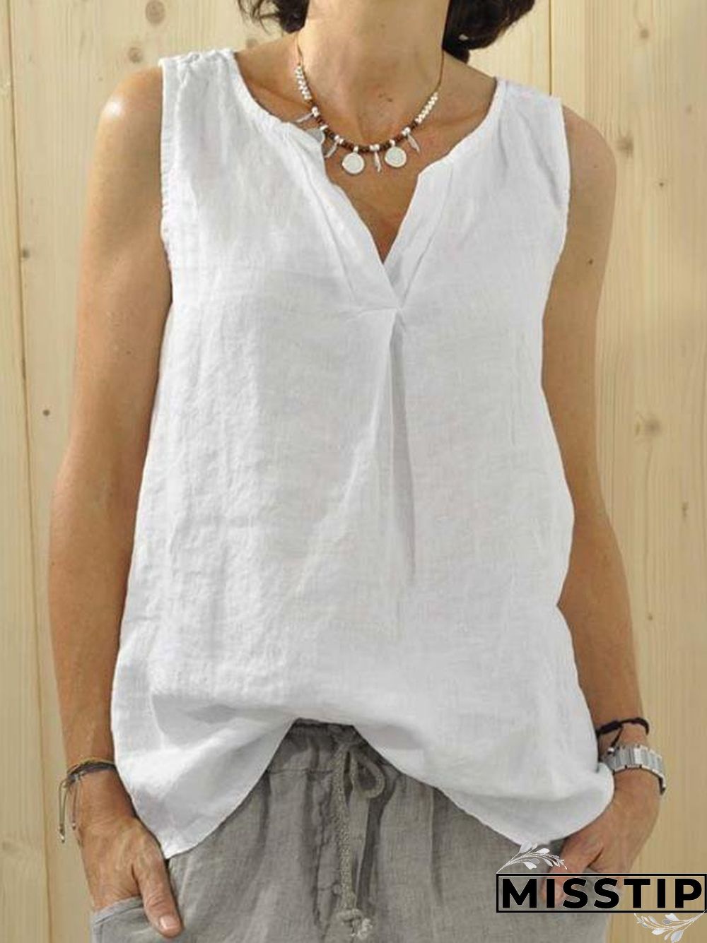 Plus Size Casual Sleeveless V Neck Solid Tops