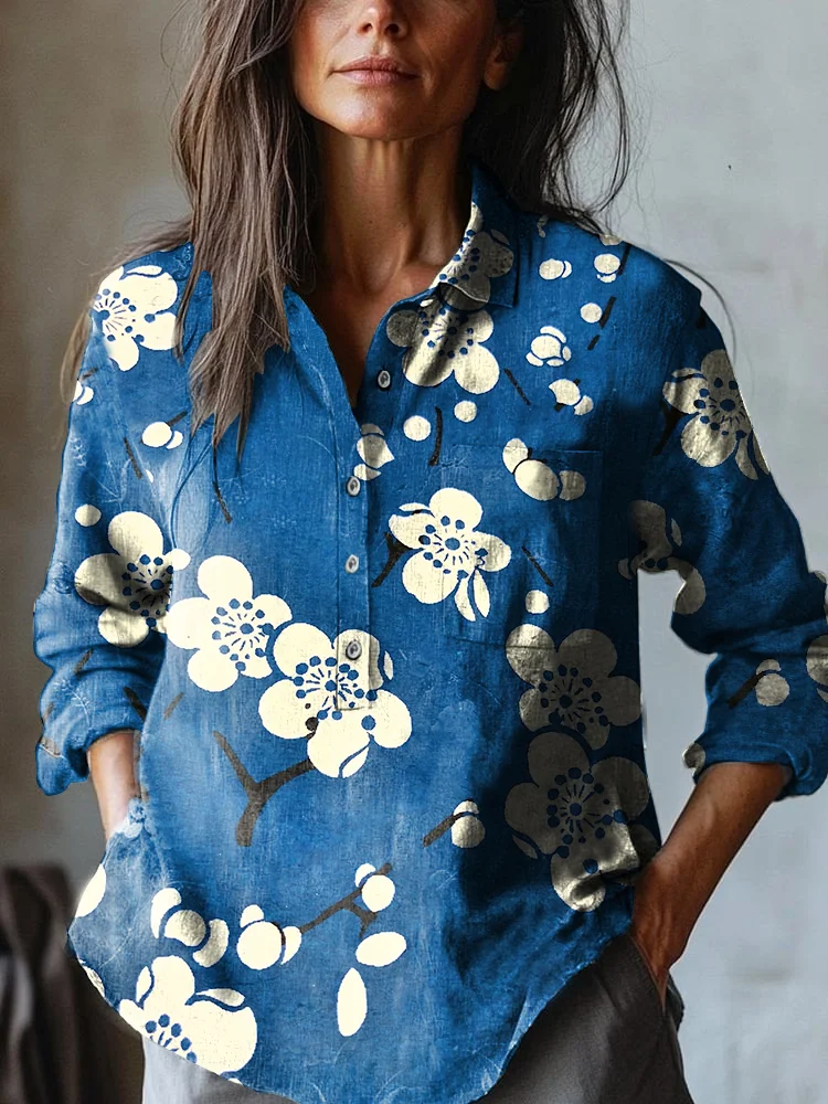 Women's  Japanese Classic Plum BlossomArt Print Casual Cotton And Linen Shirt