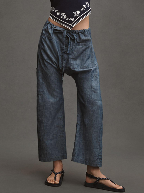 Solid Color Lace-up Cropped Trousers hjn Shicloths