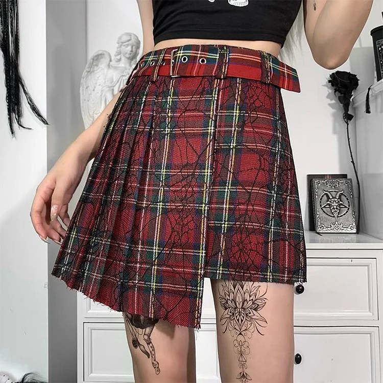 GOTH PLAID MESH PATCHWORK HIGH WAIST RED MINI SKIRT