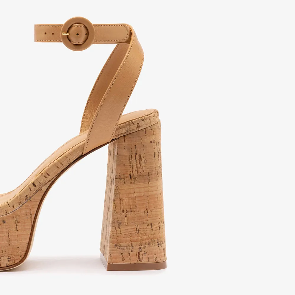 Tan Cross Ankle Strap Platform Women's Heel Sandals with Buckle