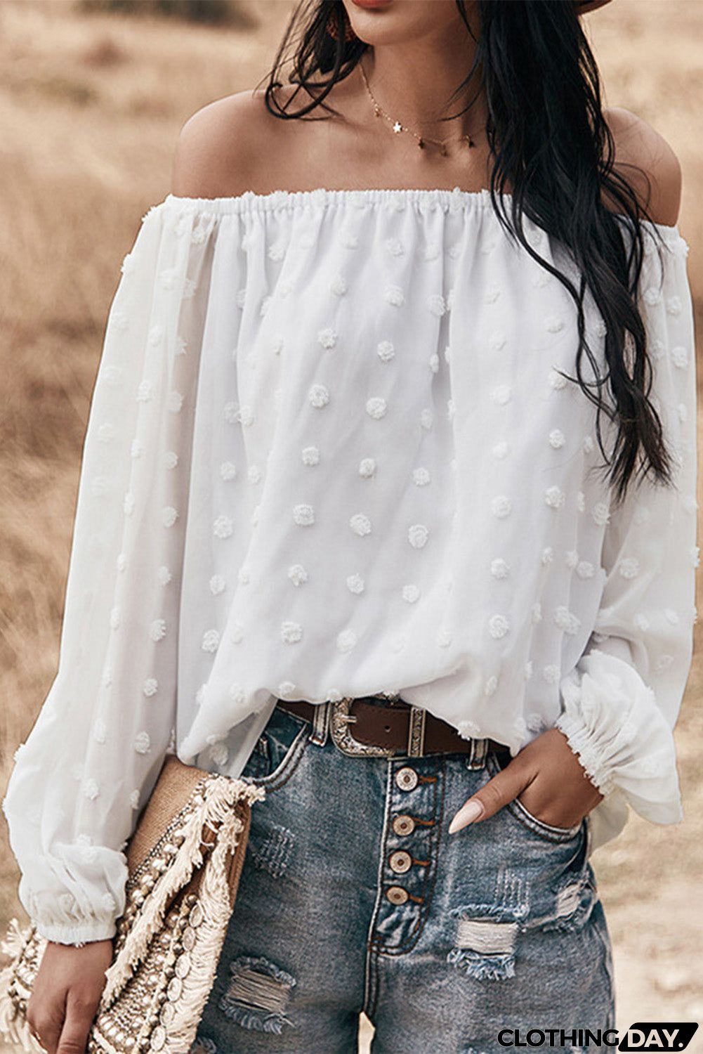 Off Shoulder Swiss Dot Blouse