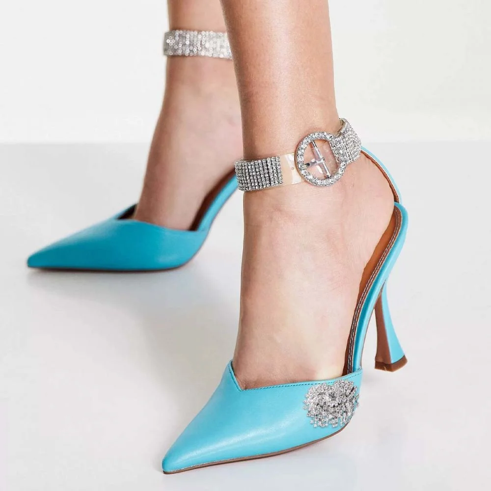 Blue Pointed Toe Pumps Ankle Buckle Flared Heels Nicepairs