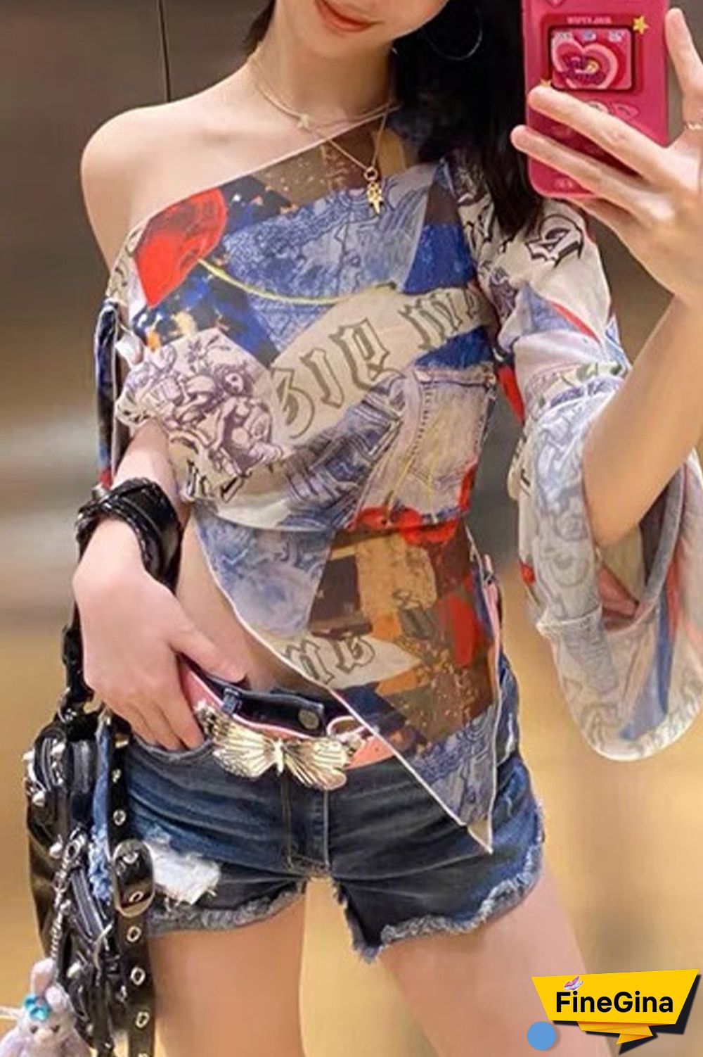 Sexy College Print Asymmetrical Oblique Collar Tops