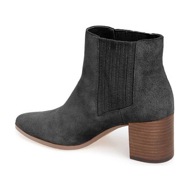 Black Suede Short Boots Pointy Toe Wooden Block Heel Ankle Boots |FSJ Shoes