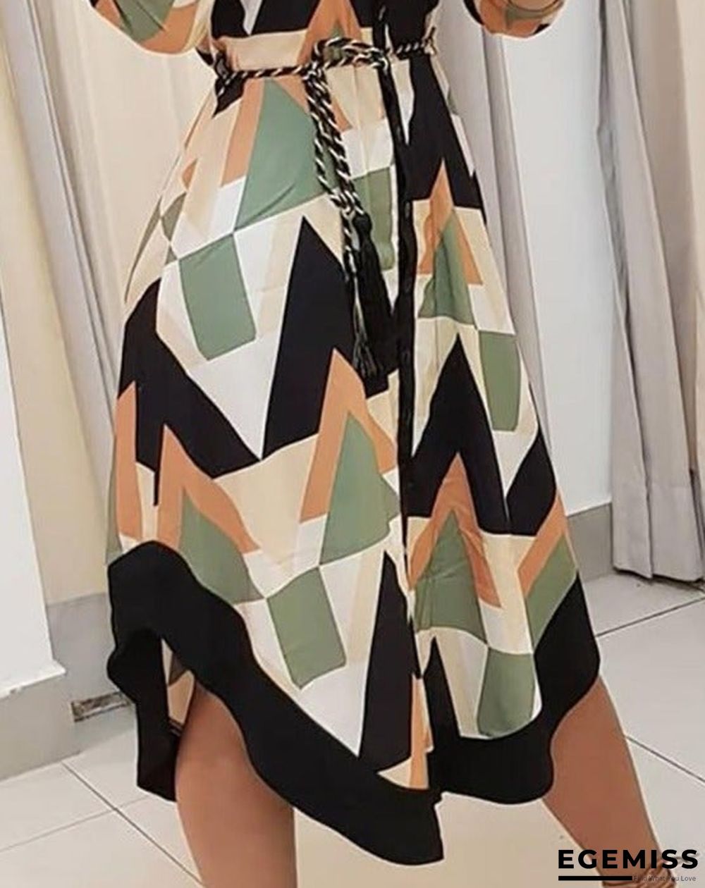 Colorblocked Geo Print Asymmetrical Shirt Dress | EGEMISS