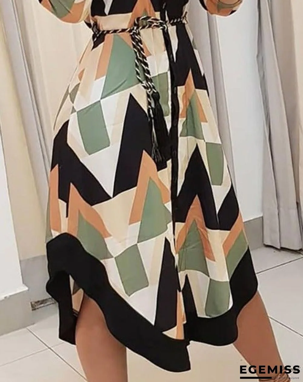 Colorblocked Geo Print Asymmetrical Shirt Dress | EGEMISS