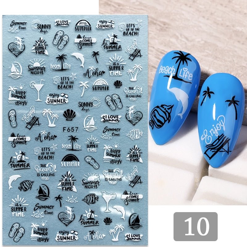 1Pc Summer Tropical Beach 3D Nail Sticker Iridescent Coconut Tree Leaves Nail Transfer Decals Slider Decoration Manicures