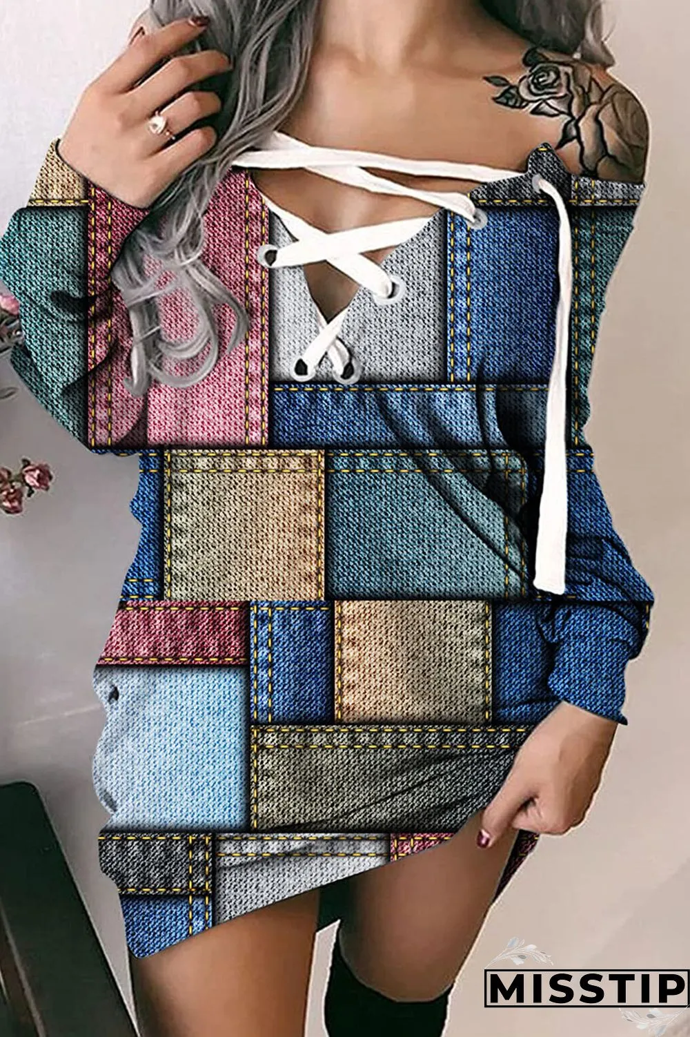 The cowboy blue Casual Street Print Bandage Patchwork V Neck Dresses