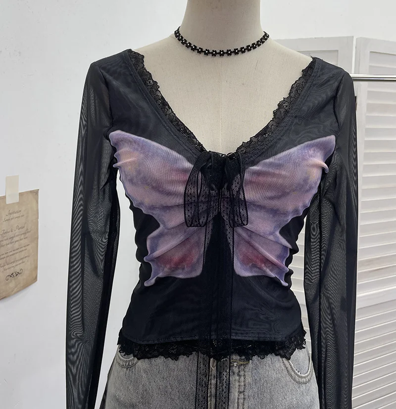 Nigikala Nigikala Shot Micro-Permeable Mesh Butterfly Print Splicing Lace Hanging Neck Horn Long-Sleeved T-Shirt Repair Short Top 1286