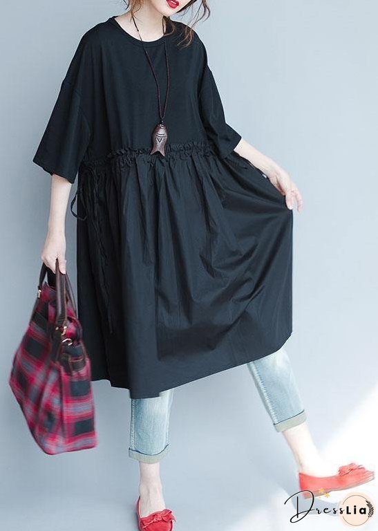 Italian Black Geometry Linen Quilting Dresses Ruffles Loose Summer Dress