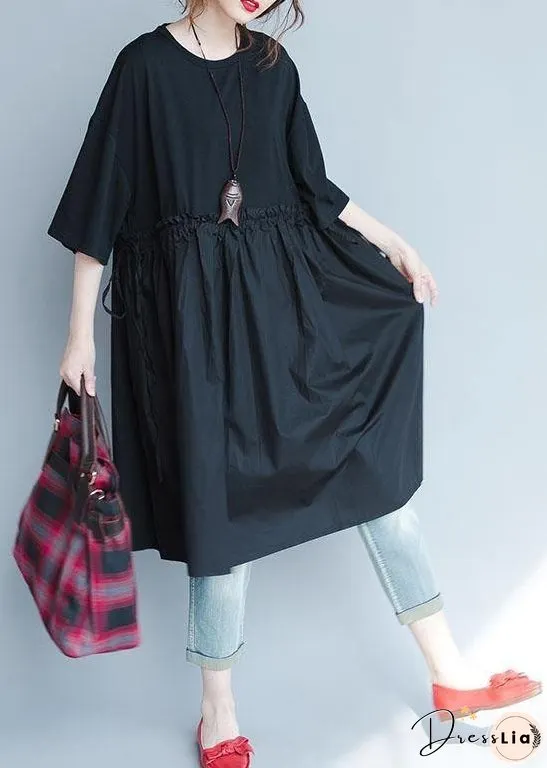 Italian Black Geometry Linen Quilting Dresses Ruffles Loose Summer Dress