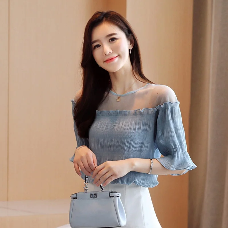 Women Blouses Summer Blusas Mujer De Moda 2021 Chiffon Shirt Short Sleeve Korean Solid Mesh Top Fashion Elegant Clothes 8981 50