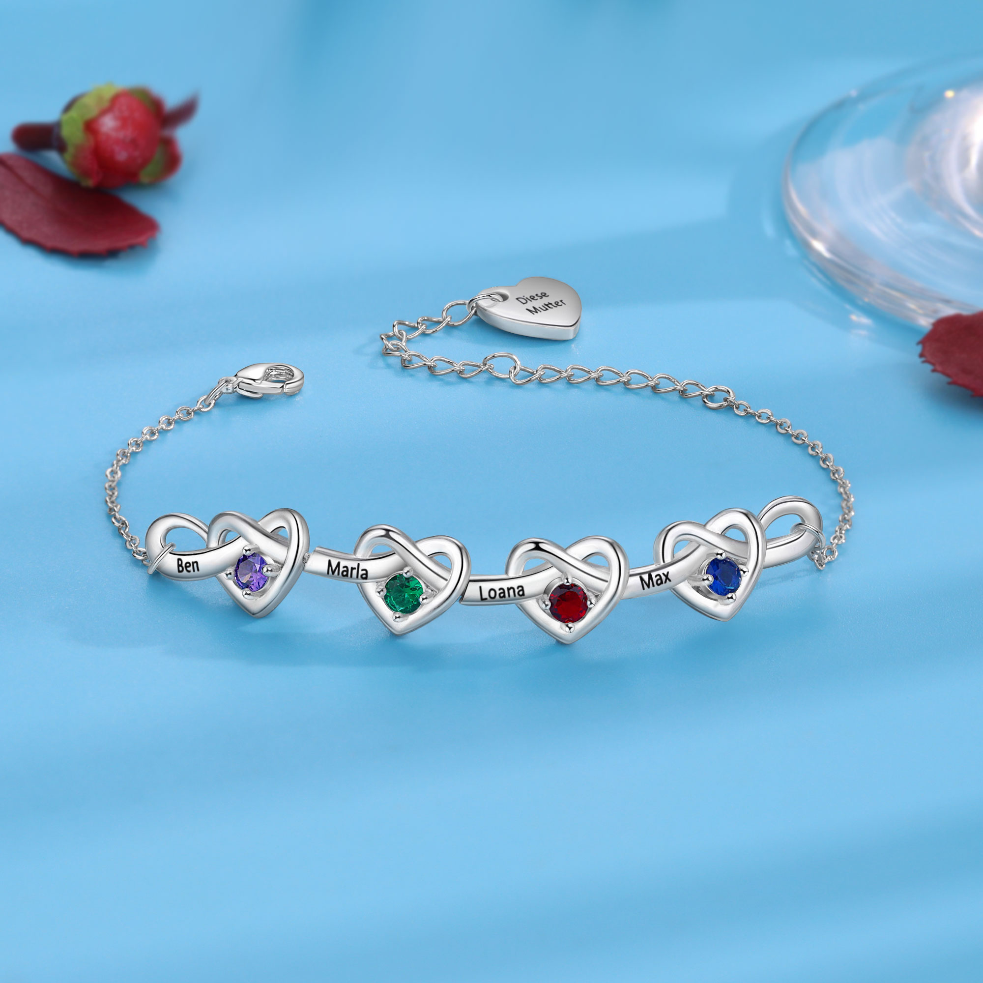4 Names - Personalized Linked Heart Bracelet Custom 4 Birthstones Engraved Text Bracelets- Mother's Day Gift for Mom/Grandma
