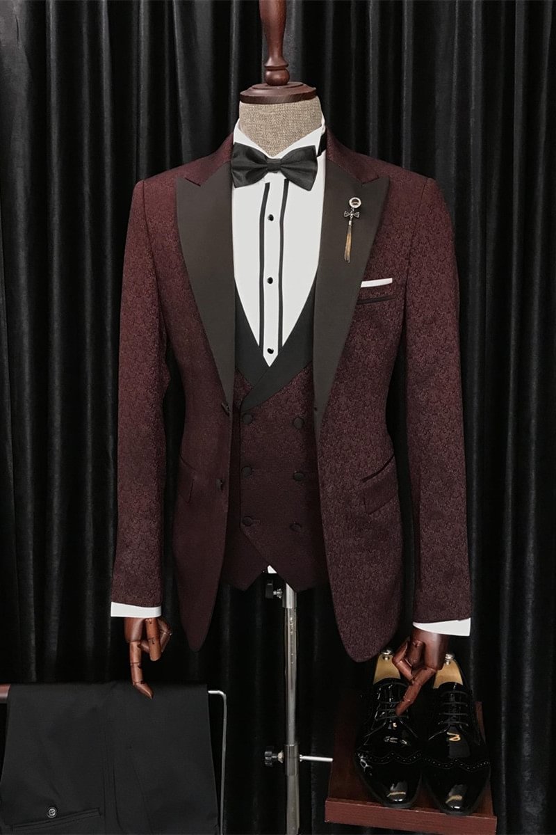 Peaked Lapel Gorgeous Burgundy Three Pieces Jacquard Men Suits for Wedding | Ballbellas Ballbellas