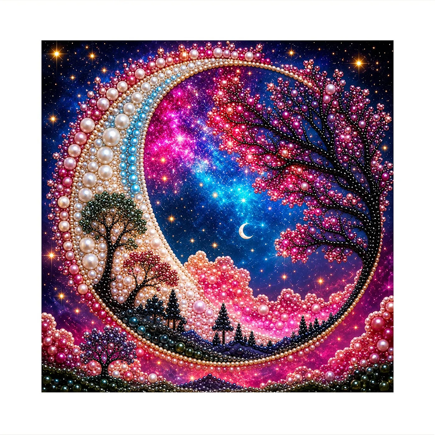 Pink Tree Beneath a Crescent Moon - Pearls Painting