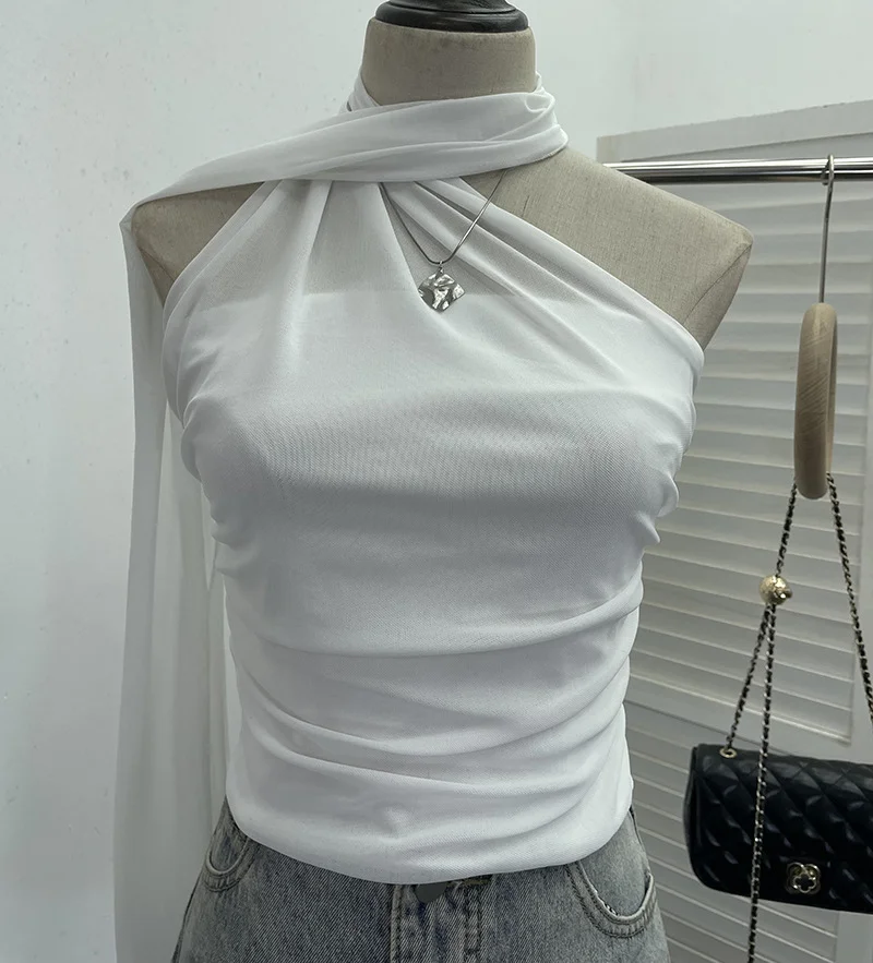 Churchf Real Shooting Mesh Ribbon Hanging Neck Folded Sleeveless Top Babes Two-Wearing Design Wrapping Bras 1125