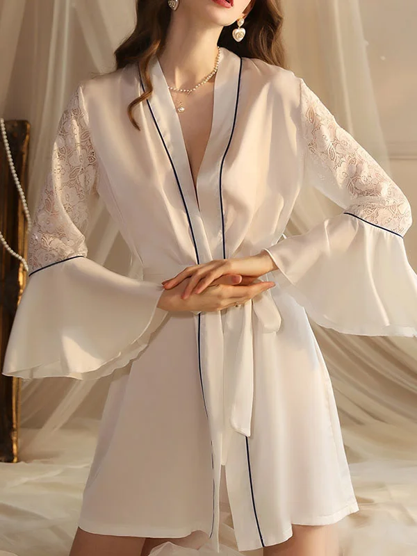 Long Sleeves Roomy Breathable Flexible Hollow Lace-Up Split-Joint V-Neck Robes