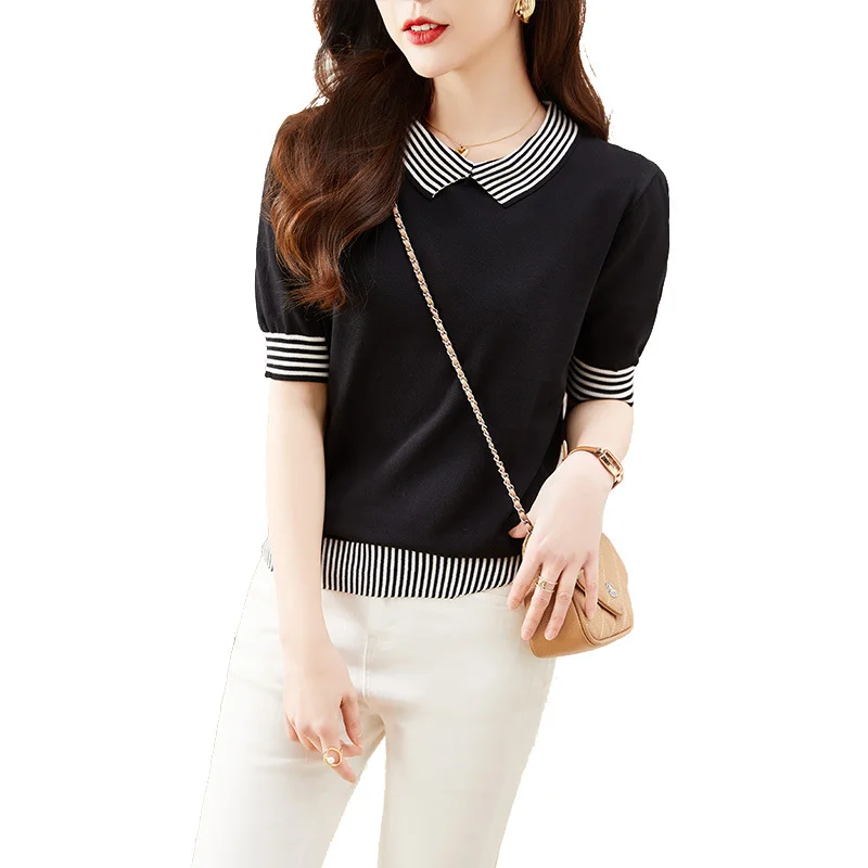 Toloer Toloer Photo Doll Collar Jacket Female Summer Ice Silk Short-Sleeve T-Shirt False Two Striped Knit Half Sleeve Small Shirt-Outfit Ideas