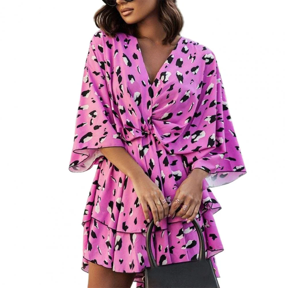 Fashion Dot Print Beach Mini Dresses vestido V-Neck Batwing Half Sleeve Layer Ruffle Hem High-Waist Drawstring Summer Dress robe