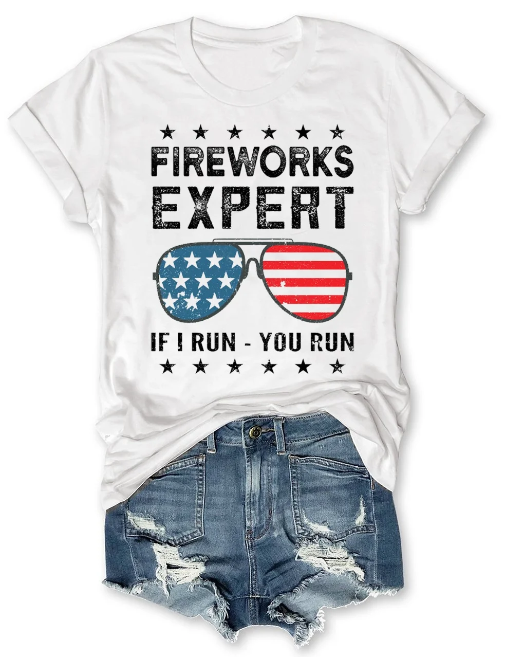 Fireworks Expert If I Run You Run American Flag Sunglasses T-Shirt