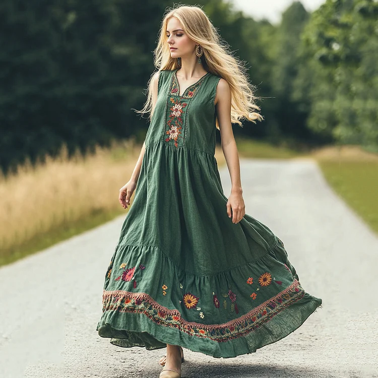 Utbros Retro Bohemian Floral Embroidery Art Sleeveless Linen Maxi Dress