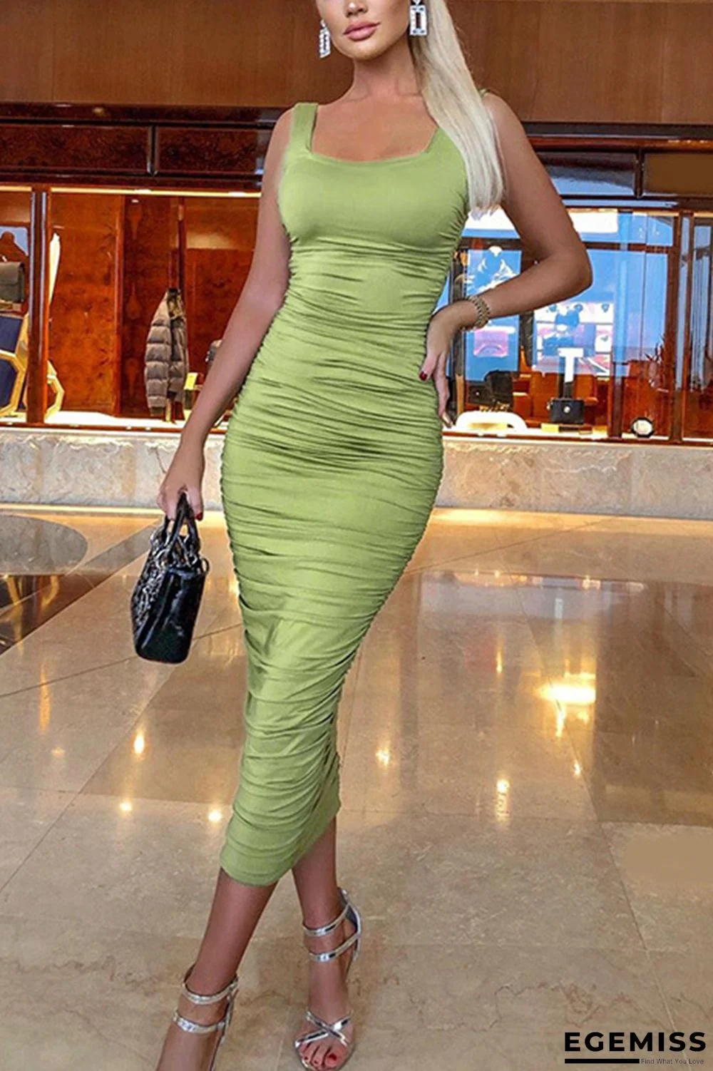 Green Fashion Celebrities Elegant Tank Sleeveless Cold Shoulder Sheath Mid Calf Solid Dresses | EGEMISS