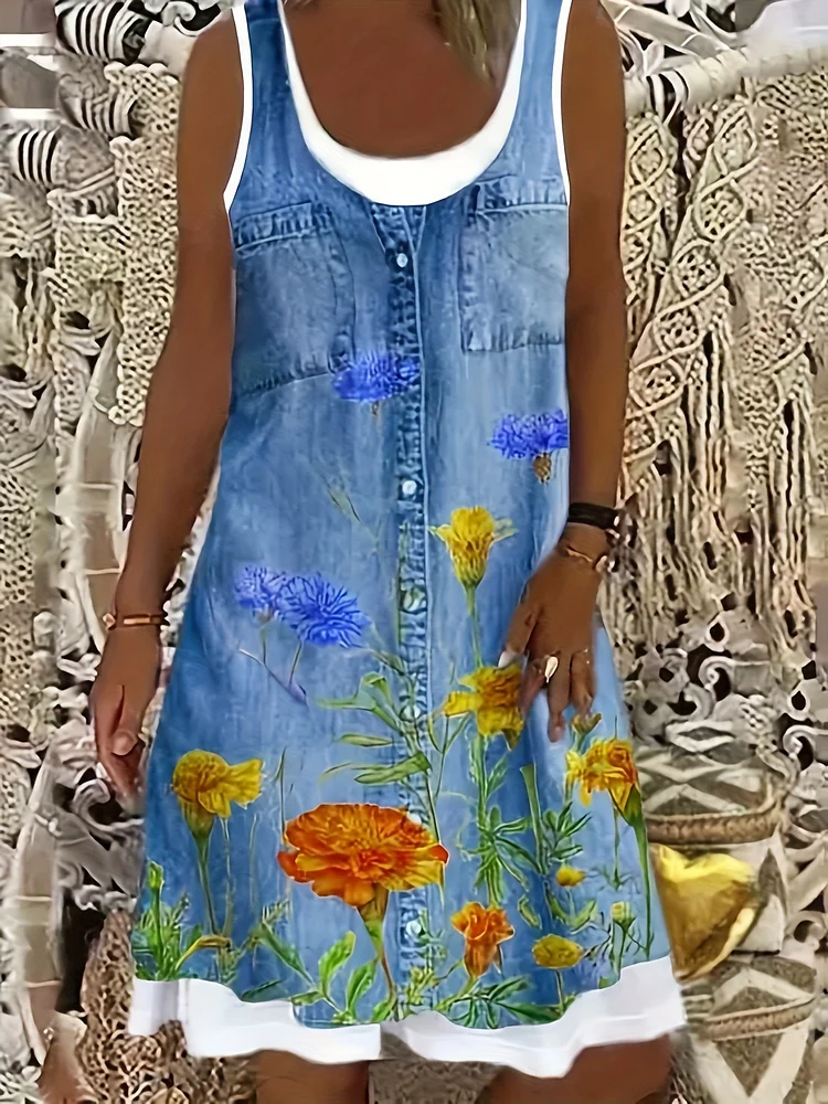 Elegant Floral Print Women's Sleeveless Summer Dress, A Flowing Outfit