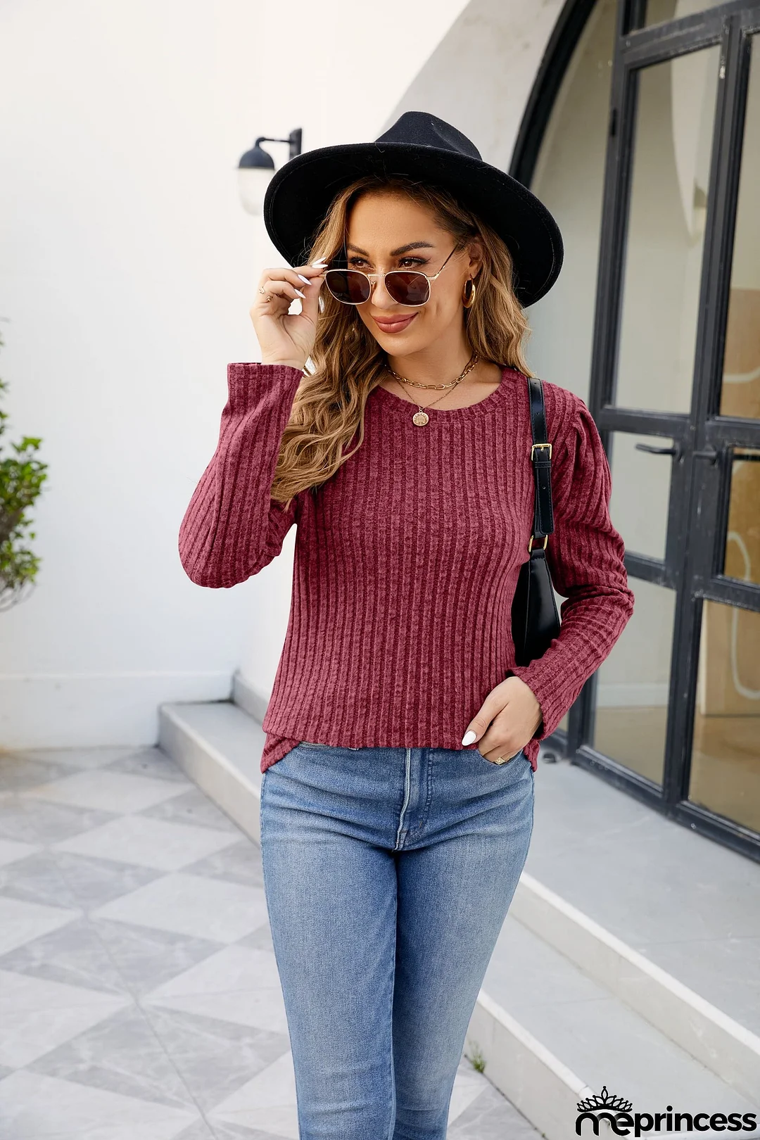 Round Neck Long Sleeve Ribbed Blouse