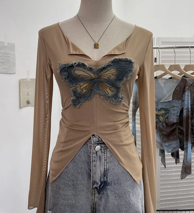 Zingj Real Shooting Pure Sexful V-Neck Umbilly T-Shirt Female Hairy Denim Butterfly Embroidered Mesh Yarn Long Sleeve Top 9996