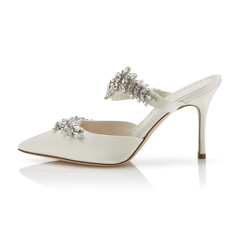 White Satin Pointed Toe Stiletto Heel Rhinestones Mules for Women