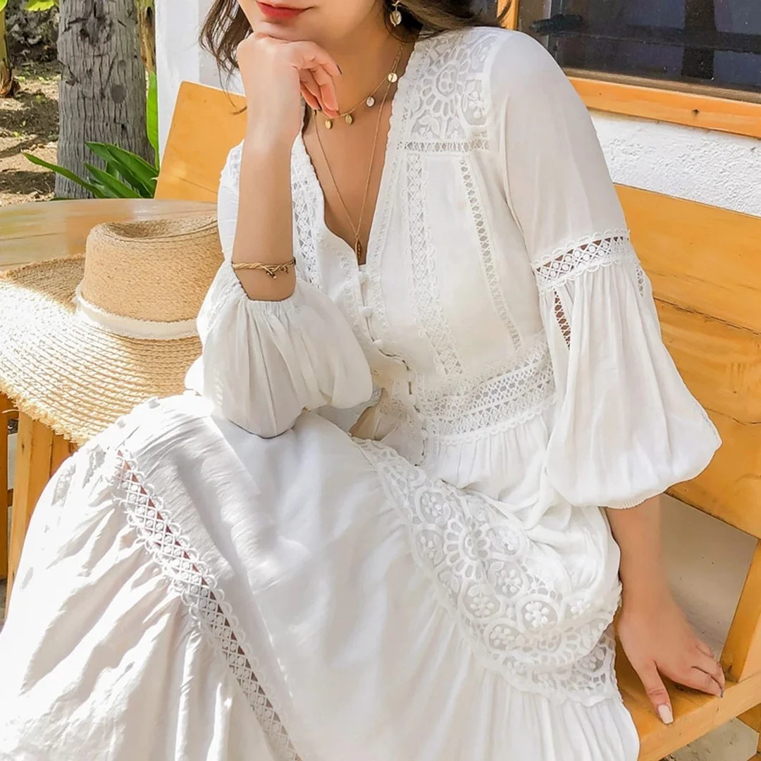 BOHO INSPIRED white long women dress cotton V-neck long sleeve summer dress 2023 new buttons ladies dresses chic maxi dress