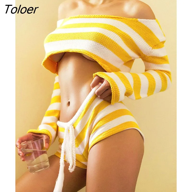 Toloer Toloer Knit Stripe Crop Top Shorts Suits Women Long Sleeves Top Drawstring Shorts 2 Two Piece Set Sweater 2023 Beach Holiday 1127-1-Outfit Ideas