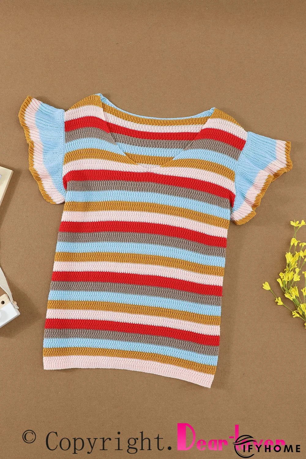 Multi-color Striped Ruffle Short Sleeve Knit Top | IFYHOME