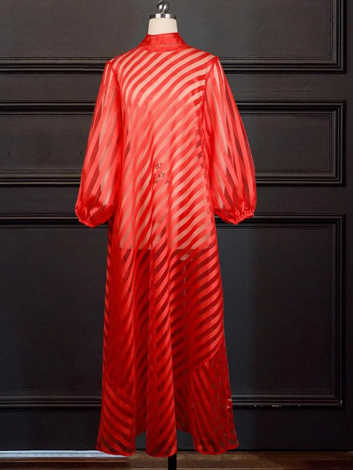 Two-piece Sexy Perspective Striped Dress with Stand-up Collar